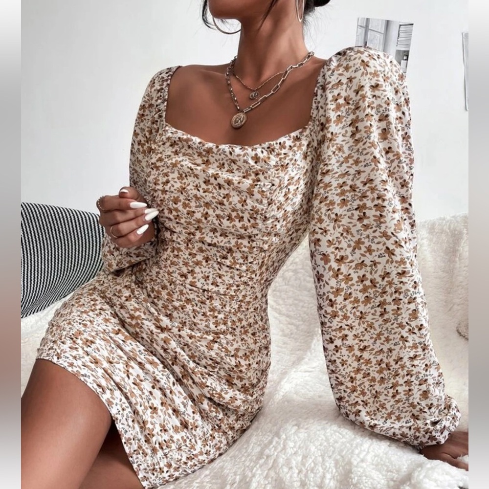 Square Neck Floral Mini Dress in Cream and Brown